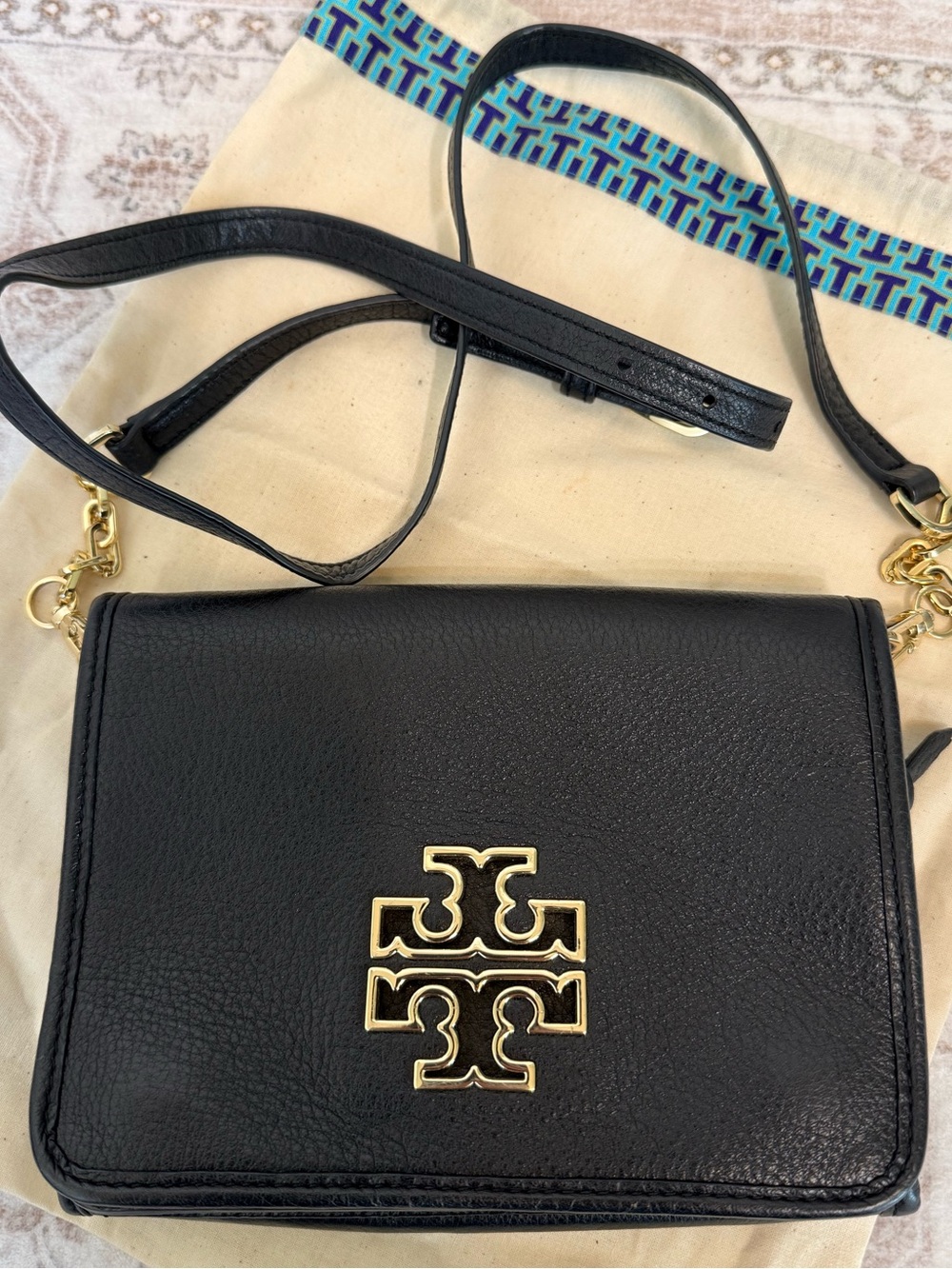 Tory Burch Britten Black Pebbled Leather Crossbody Bag Gold Hardware